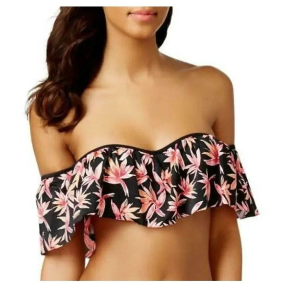 Hula Honey Paradise Flounce Floral Swim Top Black Pink Tropical - Picture 1 of 6